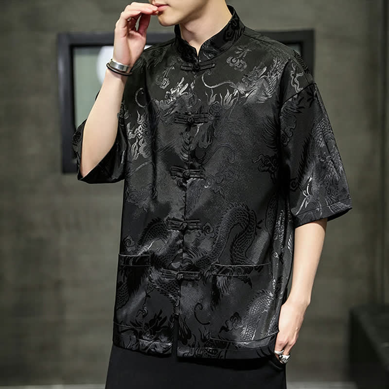 Buddha Stones Camisas de manga corta para hombre con cuello mandarín, botones de rana y estampado de dragón, estilo Summer Tang, con bolsillo. - image 18