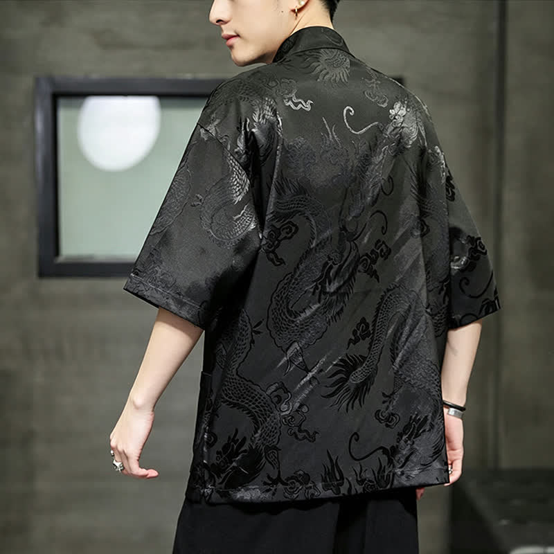 Buddha Stones Camisas de manga corta para hombre con cuello mandarín, botones de rana y estampado de dragón, estilo Summer Tang, con bolsillo. - image 13
