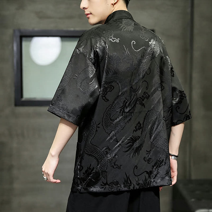 Buddha Stones Camisas de manga corta para hombre con cuello mandarín, botones de rana y estampado de dragón, estilo Summer Tang, con bolsillo. - image 13