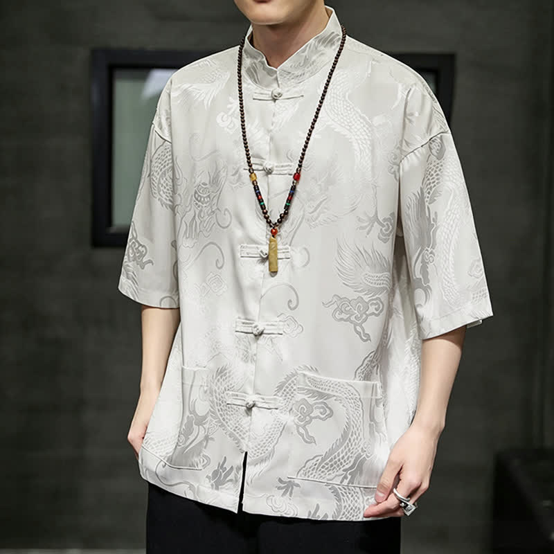 Buddha Stones Camisas de manga corta para hombre con cuello mandarín, botones de rana y estampado de dragón, estilo Summer Tang, con bolsillo. - image 6