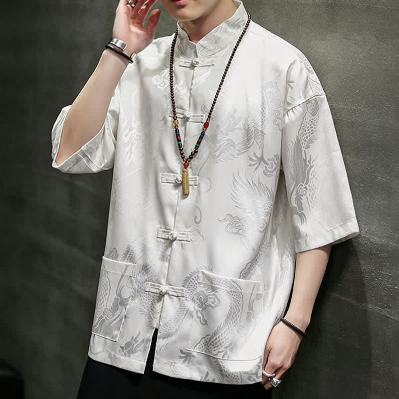 Buddha Stones Camisas de manga corta para hombre con cuello mandarín, botones de rana y estampado de dragón, estilo Summer Tang, con bolsillo. - image 5