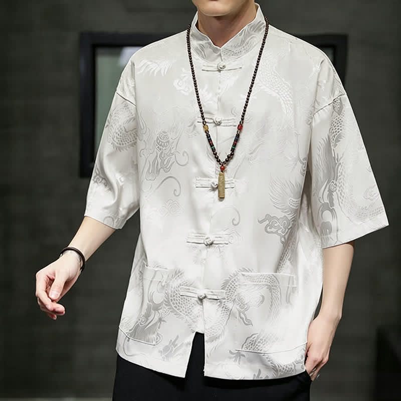 Buddha Stones Camisas de manga corta para hombre con cuello mandarín, botones de rana y estampado de dragón, estilo Summer Tang, con bolsillo. - image 1