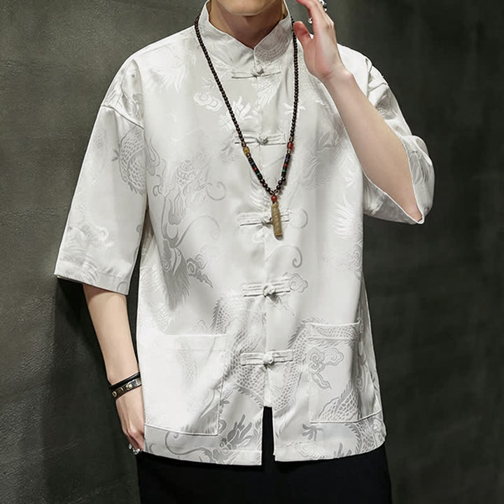 Buddha Stones Camisas de manga corta para hombre con cuello mandarín, botones de rana y estampado de dragón, estilo Summer Tang, con bolsillo. - image 2