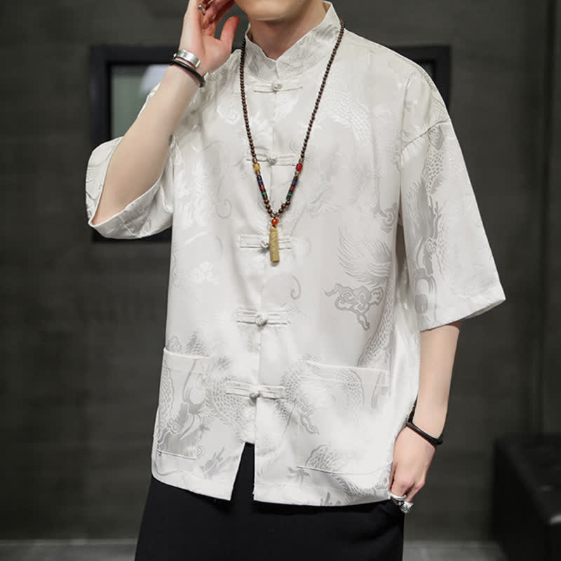 Buddha Stones Camisas de manga corta para hombre con cuello mandarín, botones de rana y estampado de dragón, estilo Summer Tang, con bolsillo. - image 7