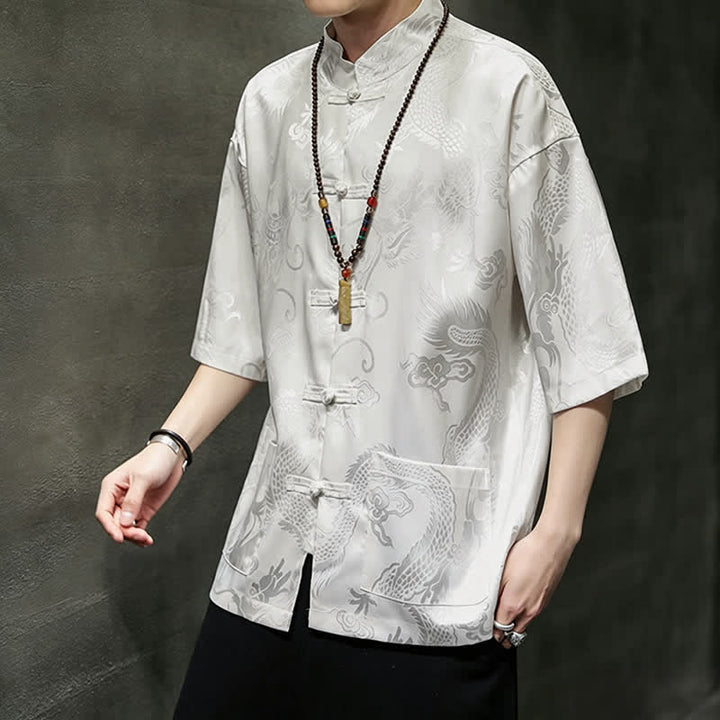 Buddha Stones Camisas de manga corta para hombre con cuello mandarín, botones de rana y estampado de dragón, estilo Summer Tang, con bolsillo. - image 8