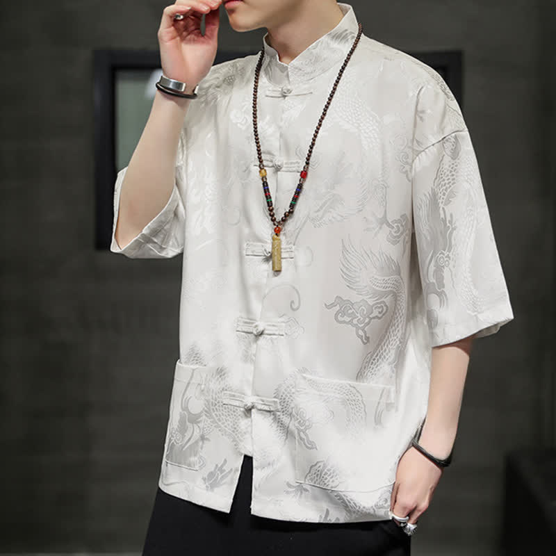 Buddha Stones Camisas de manga corta para hombre con cuello mandarín, botones de rana y estampado de dragón, estilo Summer Tang, con bolsillo. - image 3