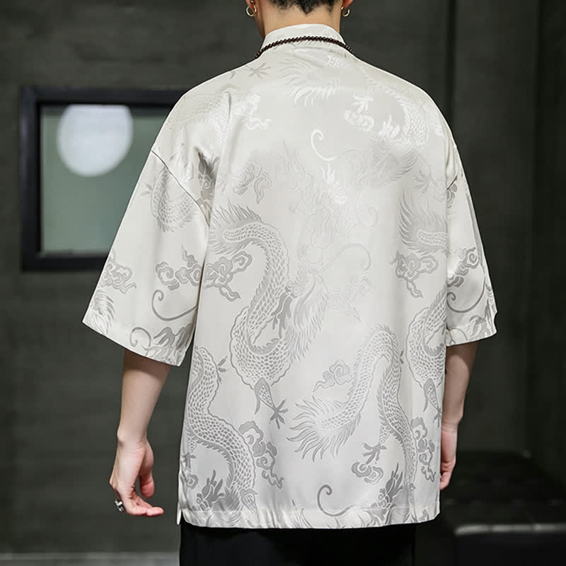 Buddha Stones Camisas de manga corta para hombre con cuello mandarín, botones de rana y estampado de dragón, estilo Summer Tang, con bolsillo. - image 4