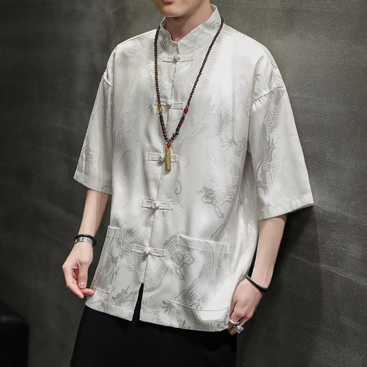 Buddha Stones Camisas de manga corta para hombre con cuello mandarín, botones de rana y estampado de dragón, estilo Summer Tang, con bolsillo. - Blanco - US/UK/AU40, EU50 (2XL) - image 0