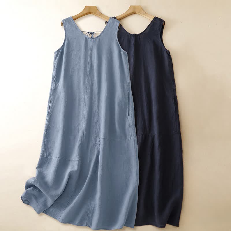 Buddha Stones Vestido de verano informal minimalista de cuello redondo liso para mujer, sin mangas y con bolsillo. - image 17