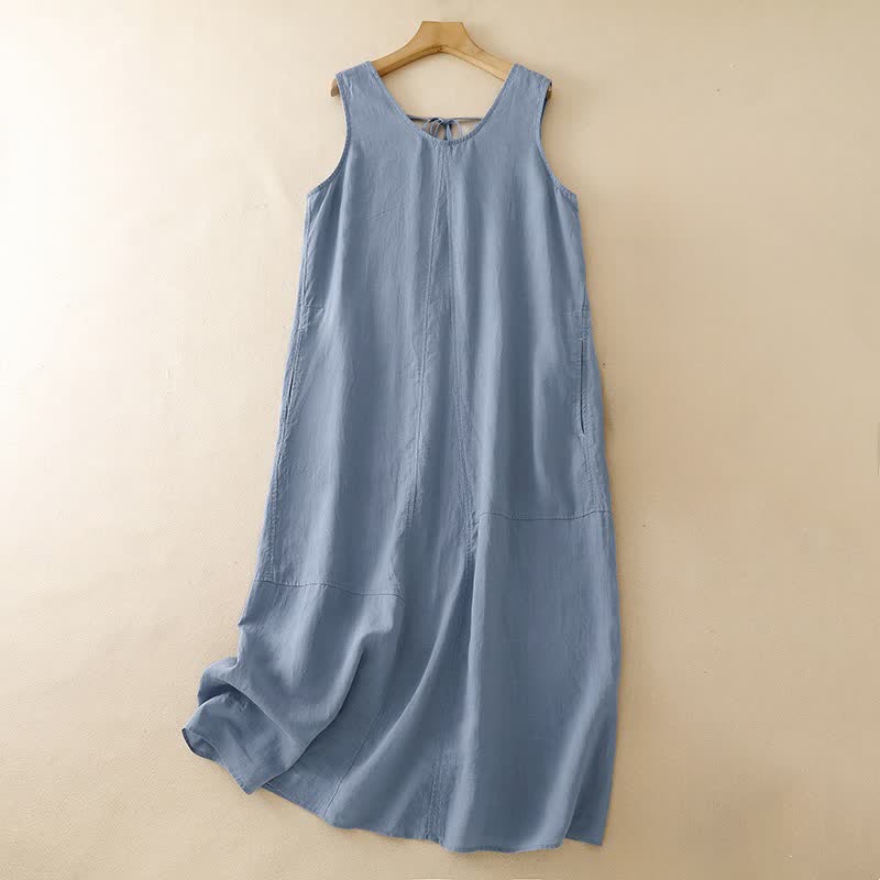 Buddha Stones Vestido de verano informal minimalista de cuello redondo liso para mujer, sin mangas y con bolsillo. - Azul acero claro - US14, UK/AU18, EU46 (2XL) - image 0