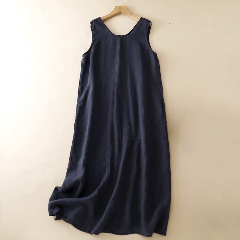Buddha Stones Vestido de verano informal minimalista de cuello redondo liso para mujer, sin mangas y con bolsillo. - Marina de guerra - US14, UK/AU18, EU46 (2XL) - image 9