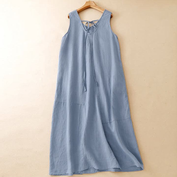 Buddha Stones Vestido de verano informal minimalista de cuello redondo liso para mujer, sin mangas y con bolsillo. - image 1