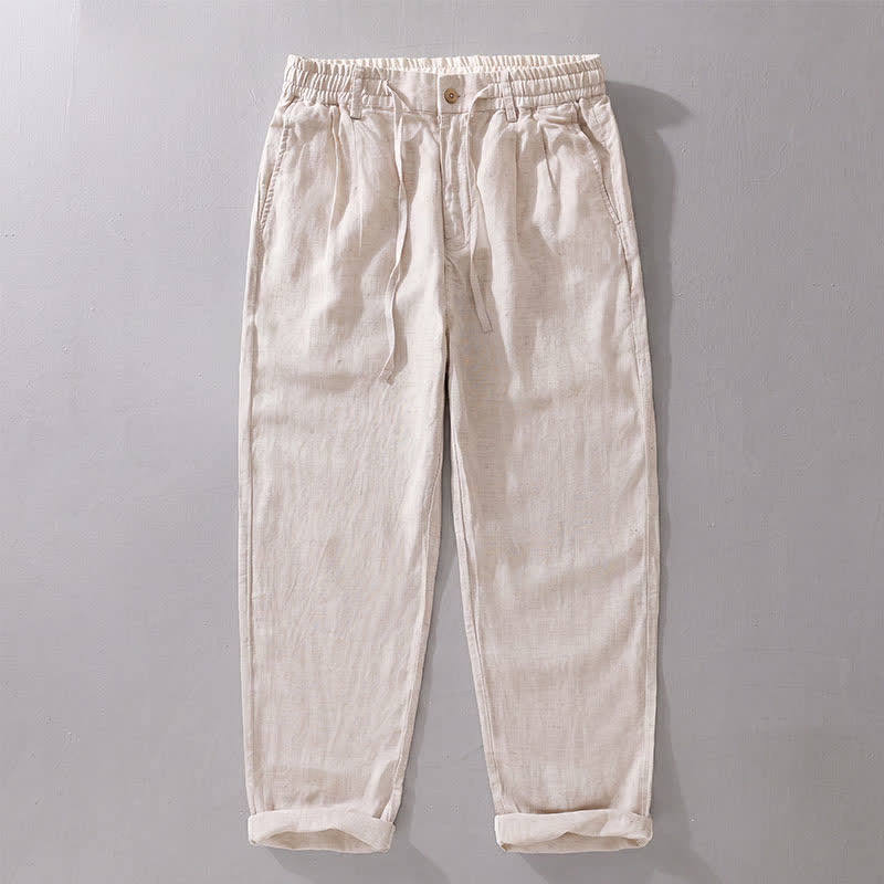 Buddha Stones Pantalones largos de lino liso para hombre, estilo casual de primavera-verano, con cordón ajustable y cremallera, pierna recta y bolsillos. - Lino - US/UK/AU42, EU52 (3XL) - image 0