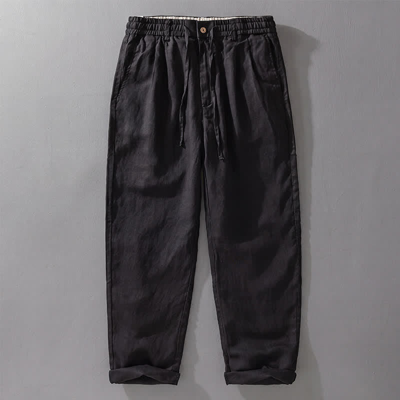 Buddha Stones Pantalones largos de lino liso para hombre, estilo casual de primavera-verano, con cordón ajustable y cremallera, pierna recta y bolsillos. - Negro - US/UK/AU42, EU52 (3XL) - image 8