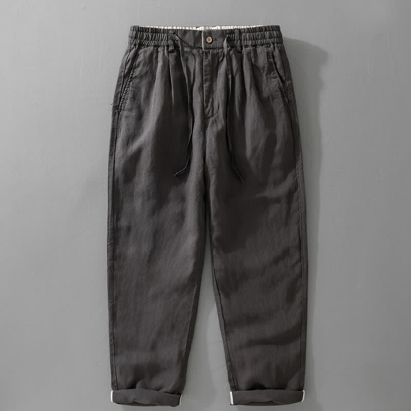 Buddha Stones Pantalones largos de lino liso para hombre, estilo casual de primavera-verano, con cordón ajustable y cremallera, pierna recta y bolsillos. - Gris pizarra oscuro - US/UK/AU42, EU52 (3XL) - image 2