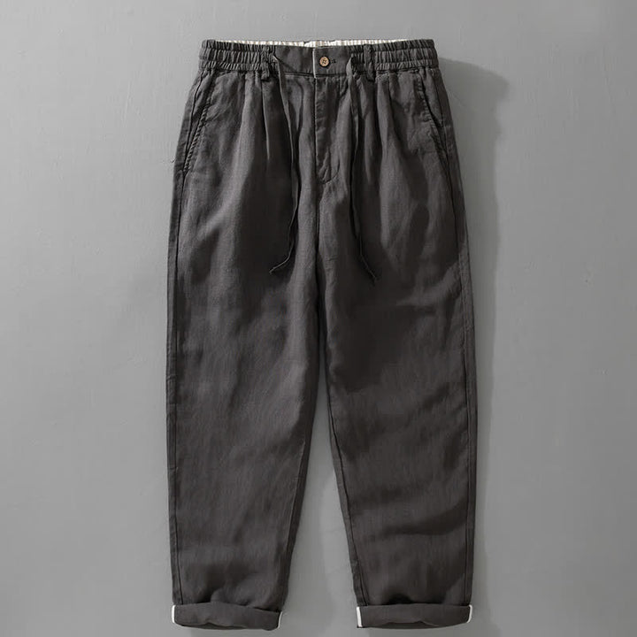 Buddha Stones Pantalones largos de lino liso para hombre, estilo casual de primavera-verano, con cordón ajustable y cremallera, pierna recta y bolsillos. - Gris pizarra oscuro - US/UK/AU42, EU52 (3XL) - image 2
