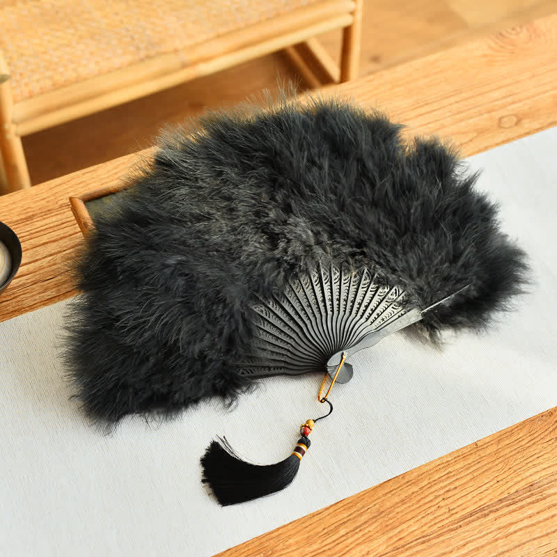 Buddha Stones Abanico plegable clásico de plumas para danza Qipao y fotografía. - Pluma negra - Tamaño cerrado: Aprox. 30 cm / 11,8 pulgadas - image 1