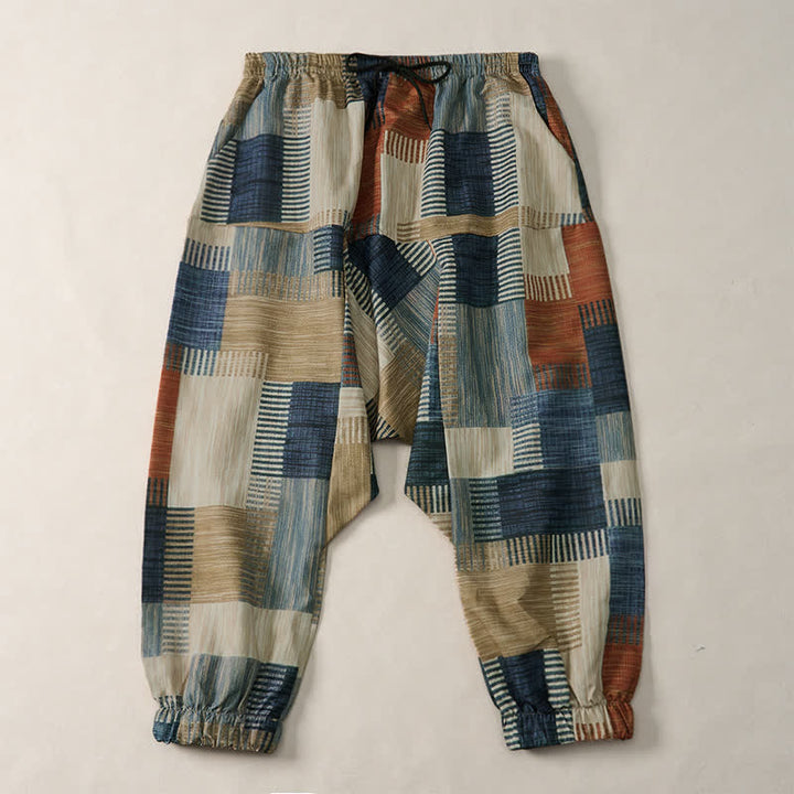 Buddha Stones Pantalones largos geométricos estilo boho casual de primavera/verano con cordón ajustable para hombre, estilo harem con bolsillo. - Caqui oscuro - US/UK/AU52, EU62 (6XL) - image 0