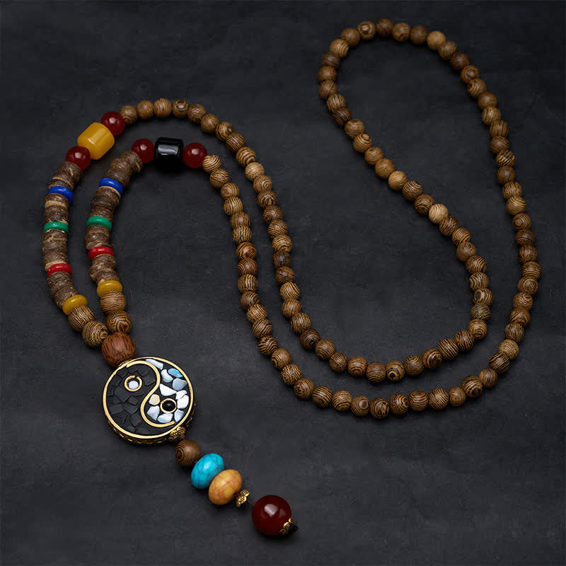 Buddha Stones Collar de cuentas de madera de wengué con diseño Yin Yang para el equilibrio y la conexión a tierra. - image 1