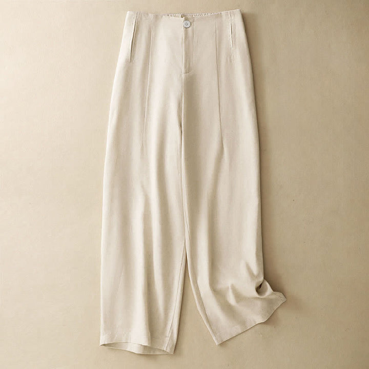 Buddha Stones Pantalones harem minimalistas de lino liso de cintura alta con botones y bolsillos para mujer, ideales para el verano. - image 11