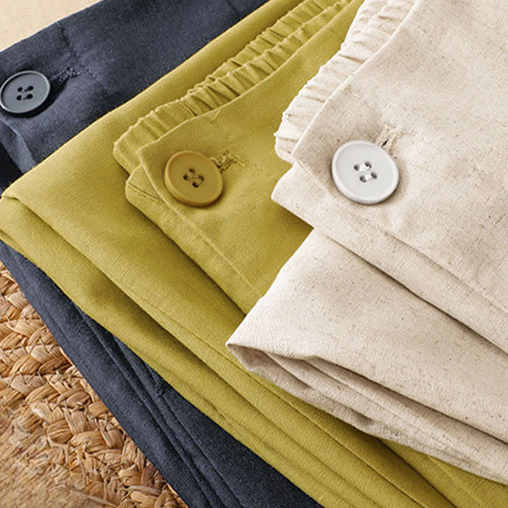 Buddha Stones Pantalones harem minimalistas de lino liso de cintura alta con botones y bolsillos para mujer, ideales para el verano. - image 18