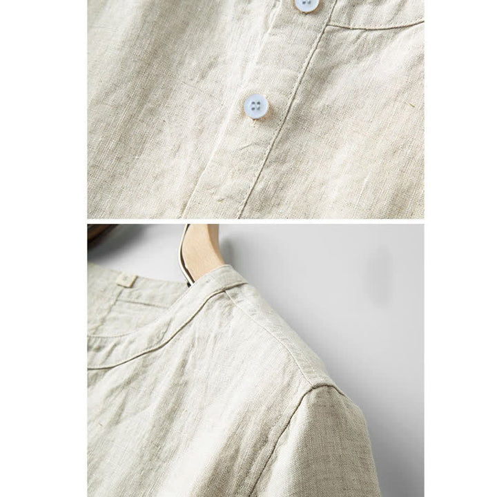 Buddha Stones Camisa de lino y algodón de manga corta con botones de color sólido de verano para hombre - image 2