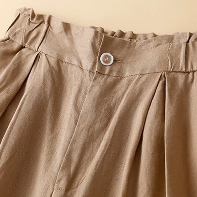 Pantalones cortos de lino y algodón con botones y cremallera plisados ​​de color liso con Buddha Stones para mujer con bolsillos - image 3