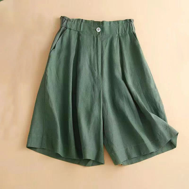 Pantalones cortos de lino y algodón con botones y cremallera plisados ​​de color liso con Buddha Stones para mujer con bolsillos - Verdemar - US12, UK/AU16, EU44 (3XL) - image 13