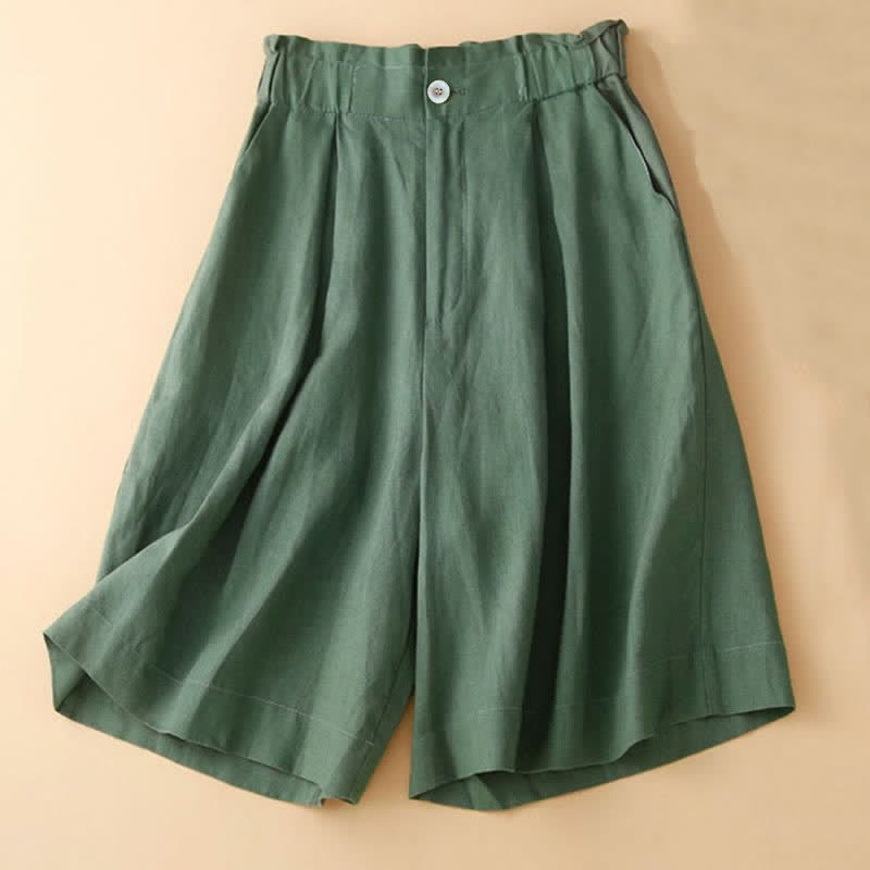 Pantalones cortos de lino y algodón con botones y cremallera plisados ​​de color liso con Buddha Stones para mujer con bolsillos - image 14
