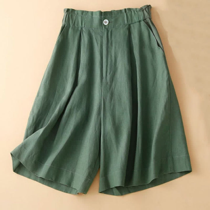 Pantalones cortos de lino y algodón con botones y cremallera plisados ​​de color liso con Buddha Stones para mujer con bolsillos - image 14