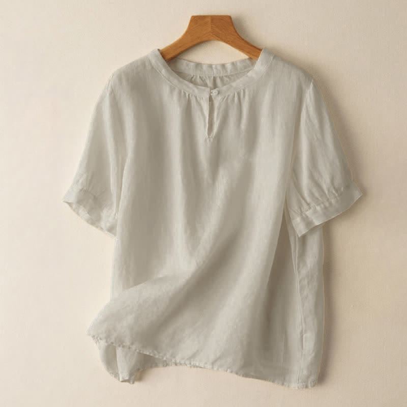 Camisa de lino de manga corta con cuello redondo y botones, estilo casual para mujer, con estampado de Buddha Stones. - Beige - US8-10，UK/AU12-14，EU40-42 (2XL) - image 0