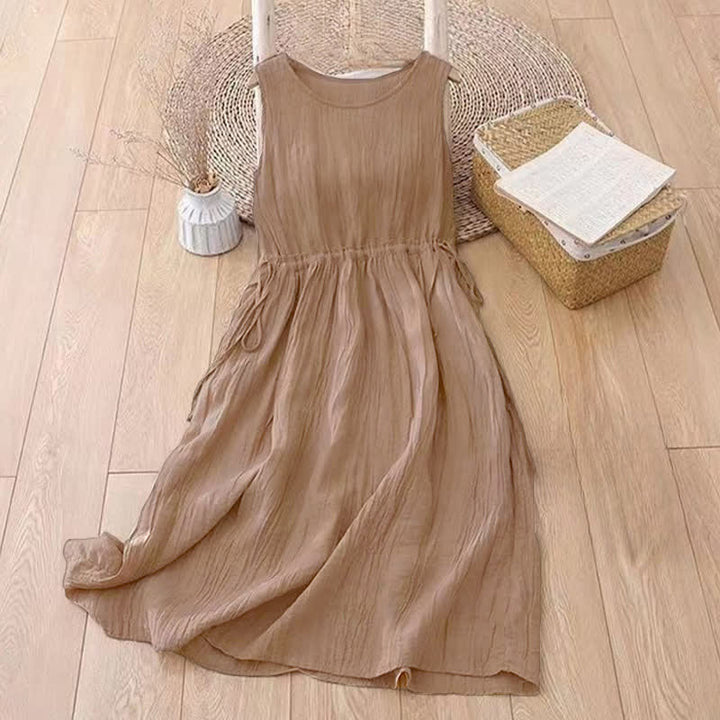 Vestido midi informal sin mangas con bolsillos, estampado Buddha Stones , hecho a mano, con cordón ajustable en la cintura. - image 1