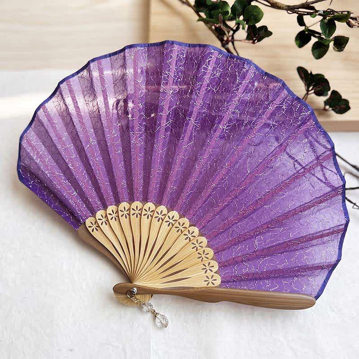 Buddha Stones Elegante ventilador plegable de bambú con forma de concha y diseño de malla vintage. - Morado (Tamaño cerrado: Aprox. 21,5 cm / 8,5 pulgadas) - image 4