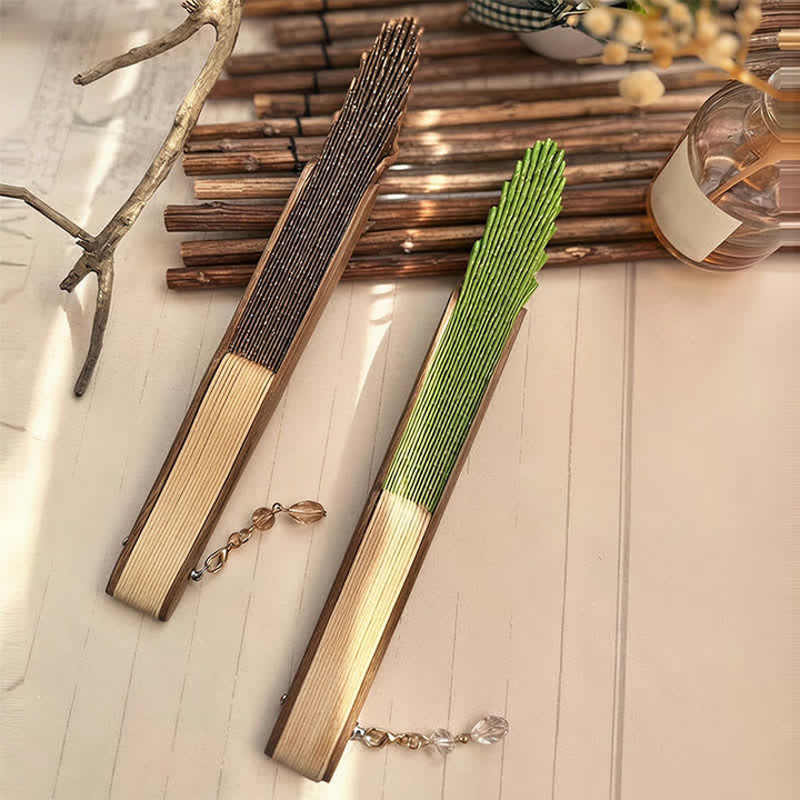 Buddha Stones Elegante ventilador plegable de bambú con forma de concha y diseño de malla vintage. - image 17