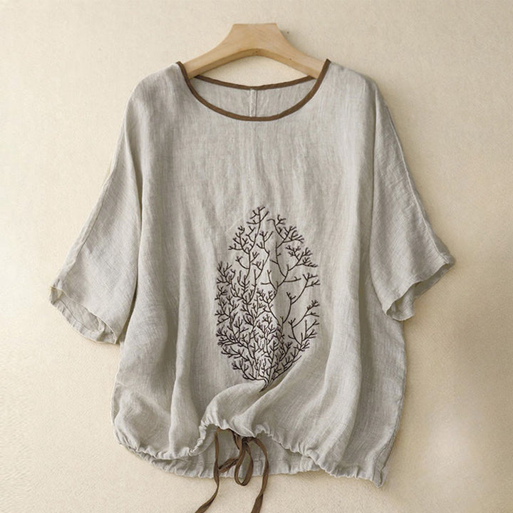 Camiseta de manga corta con cuello redondo y cordón ajustable para mujer, con bordado informal de árbol y Buddha Stones. - Gris claro - US14，UK/AU18，EU46 (2XL) - image 0