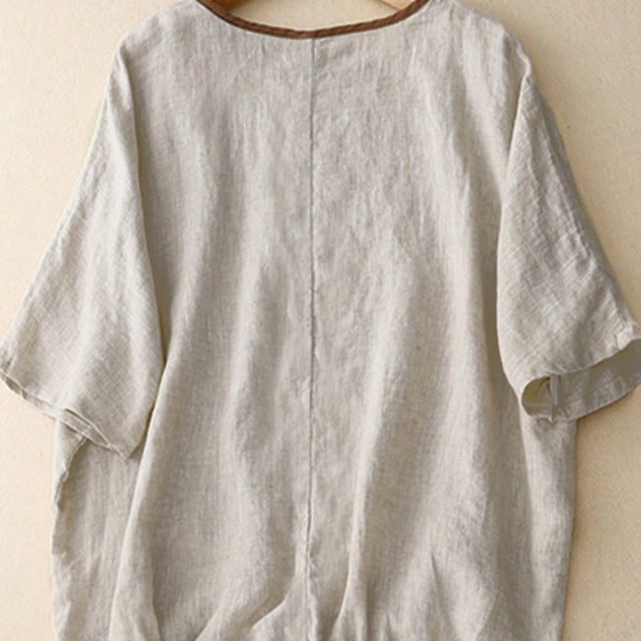 Camiseta de manga corta con cuello redondo y cordón ajustable para mujer, con bordado informal de árbol y Buddha Stones. - image 3