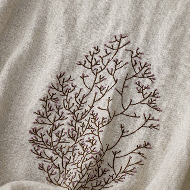 Camiseta de manga corta con cuello redondo y cordón ajustable para mujer, con bordado informal de árbol y Buddha Stones. - image 1