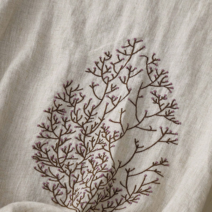 Camiseta de manga corta con cuello redondo y cordón ajustable para mujer, con bordado informal de árbol y Buddha Stones. - image 1