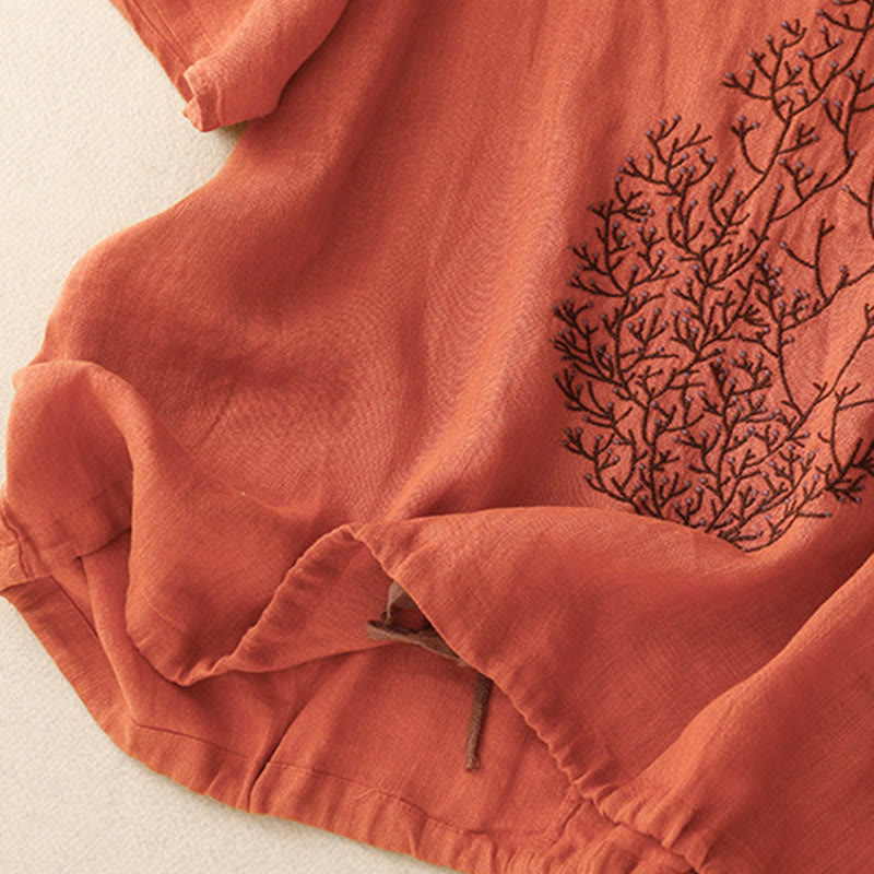 Camiseta de manga corta con cuello redondo y cordón ajustable para mujer, con bordado informal de árbol y Buddha Stones. - image 22