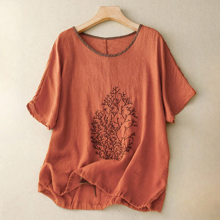 Camiseta de manga corta con cuello redondo y cordón ajustable para mujer, con bordado informal de árbol y Buddha Stones. - Chocolate - US14，UK/AU18，EU46 (2XL) - image 21