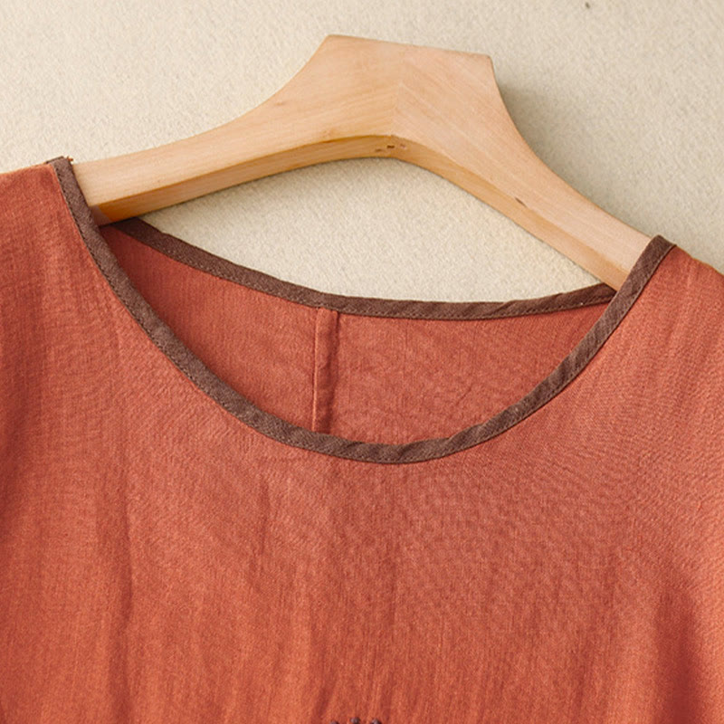 Camiseta de manga corta con cuello redondo y cordón ajustable para mujer, con bordado informal de árbol y Buddha Stones. - image 26