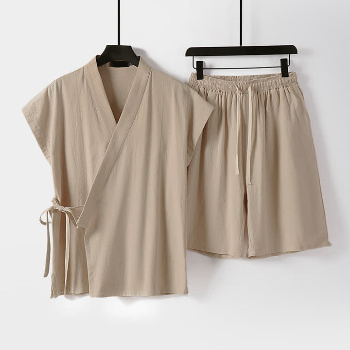 Buddha Stones 2 piezas de camisas de manga corta de algodón y lino con cordón ajustable estilo Tang para meditación de verano, pantalones cortos para hombre con bolsillos. - Sopa de mariscos - US/UK/AU54, EU64 (9XL) - image 9