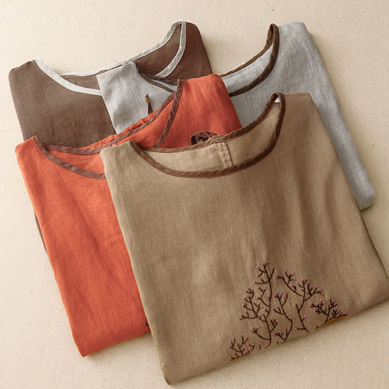 Camiseta de manga corta con cuello redondo y cordón ajustable para mujer, con bordado informal de árbol y Buddha Stones. - image 27