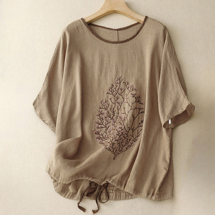 Camiseta de manga corta con cuello redondo y cordón ajustable para mujer, con bordado informal de árbol y Buddha Stones. - Aceituna - US14，UK/AU18，EU46 (2XL) - image 15