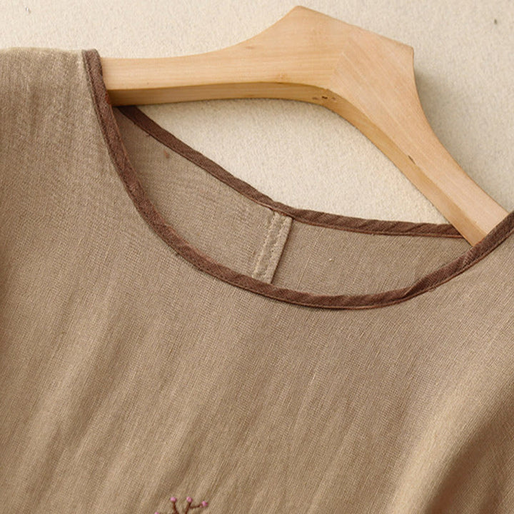 Camiseta de manga corta con cuello redondo y cordón ajustable para mujer, con bordado informal de árbol y Buddha Stones. - image 17