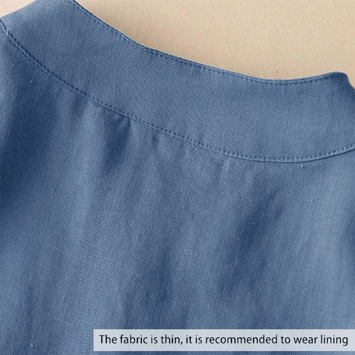 Camisa de lino y algodón lisa con diseño de manga tres cuartos y escote en V para mujer de Buddha Stones - image 1