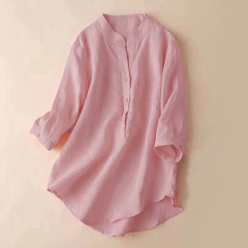 Camisa de lino y algodón lisa con diseño de manga tres cuartos y escote en V para mujer de Buddha Stones - 	Salmón - US12, UK/AU16, EU44 (3XL) - image 7
