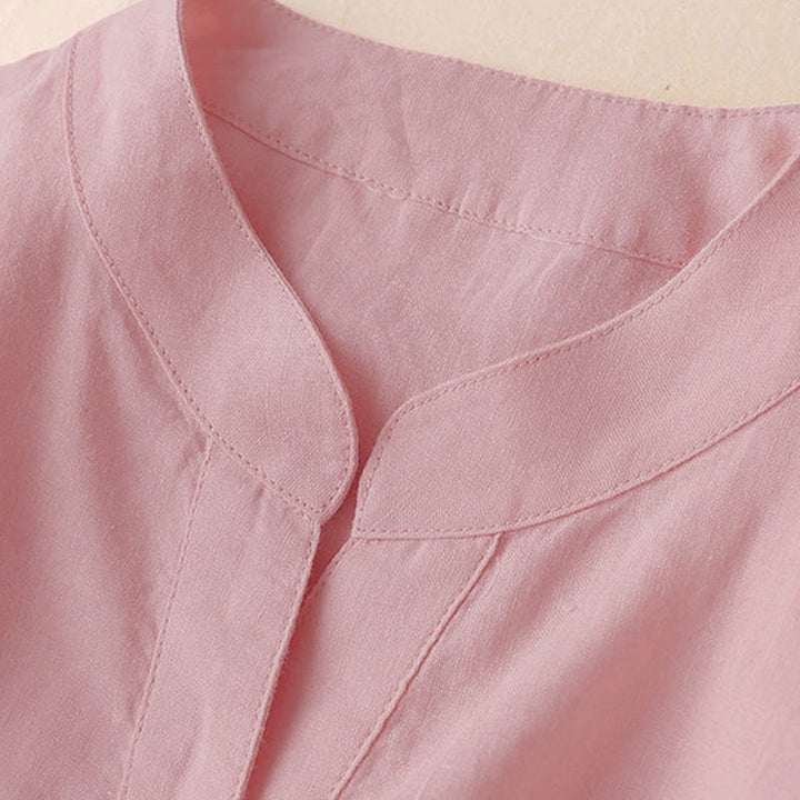 Camisa de lino y algodón lisa con diseño de manga tres cuartos y escote en V para mujer de Buddha Stones - image 8
