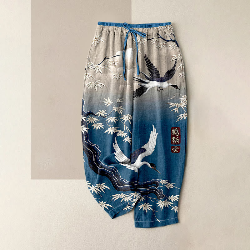 Buddha Stones Pantalones de mujer de algodón puro con elegante estampado de grullas y bambú, cintura elástica y bolsillos. - Azul acero - US16，UK/AU20，EU48 (3XL) - image 0