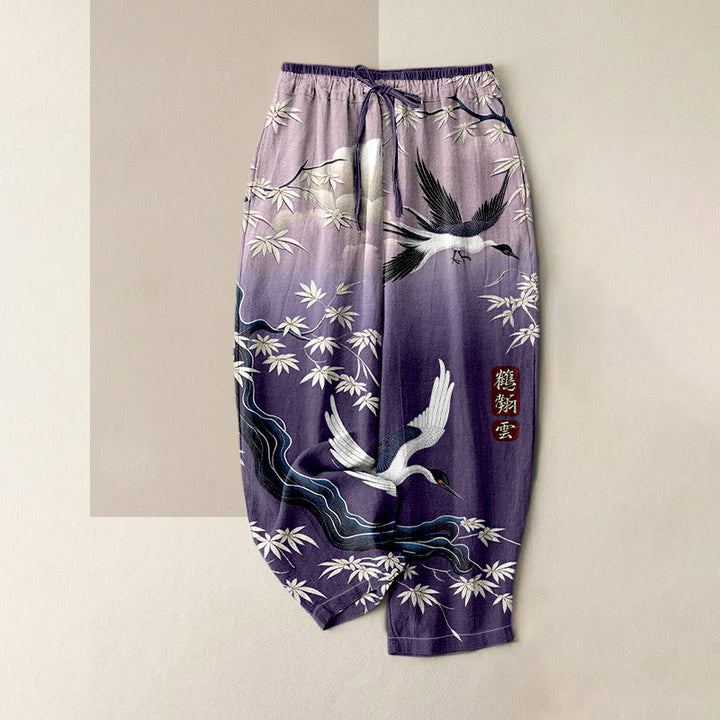 Buddha Stones Pantalones de mujer de algodón puro con elegante estampado de grullas y bambú, cintura elástica y bolsillos. - Morado medio - US16，UK/AU20，EU48 (3XL) - image 3